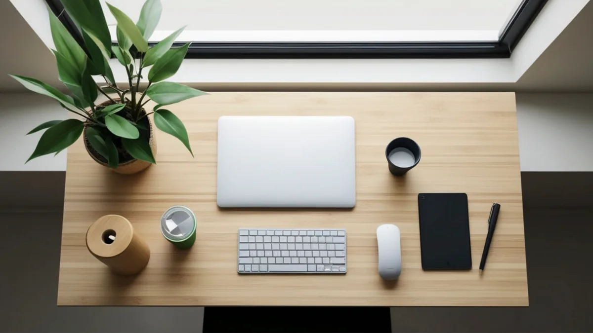 Tidy desk from above with a laptop, keyboard, notebook and plant